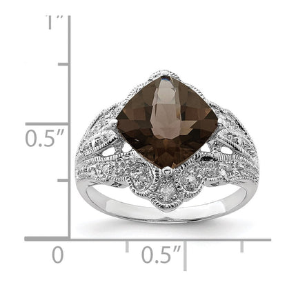 Sterlingsilber Rhodium Karo Schliff Rauch Quarz & Diamant Ring (size 7 Nur)