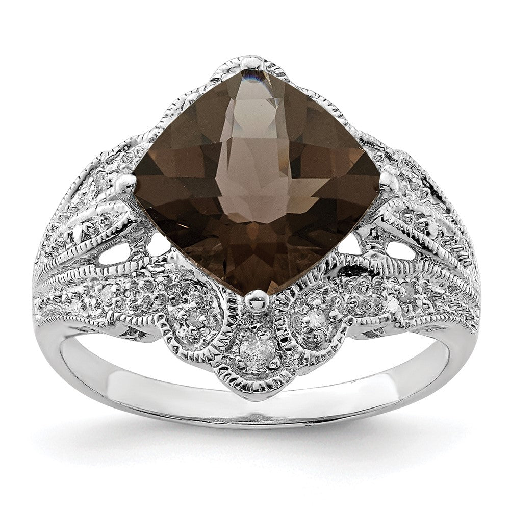 Sterlingsilber Rhodium Karo Schliff Rauch Quarz & Diamant Ring (size 7 Nur)