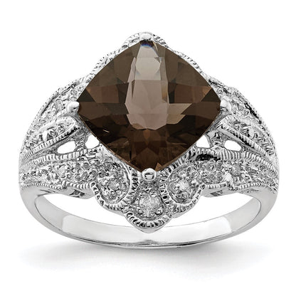 Sterlingsilber Rhodium Karo Schliff Rauch Quarz & Diamant Ring (size 7 Nur)