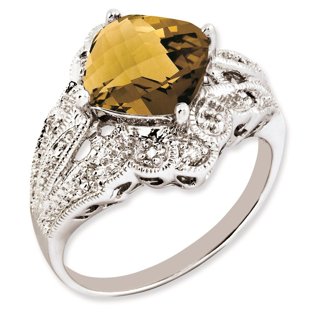Sterlingsilber Rhodiniert Karo Schliff Whiskey Quarz & Diamant Ring (size 7 Nur)