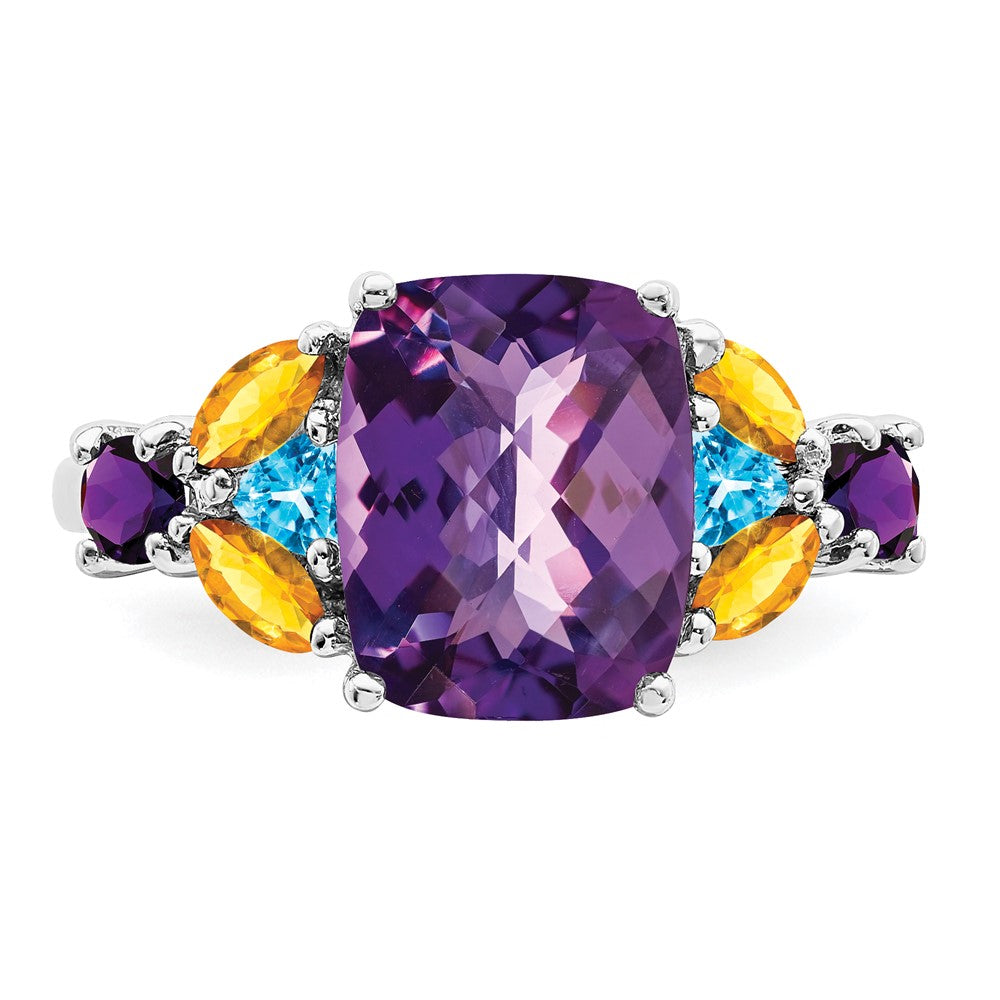 Sterlingsilber Rhodiniert Amethyst, Blautopas & Citrin Ring