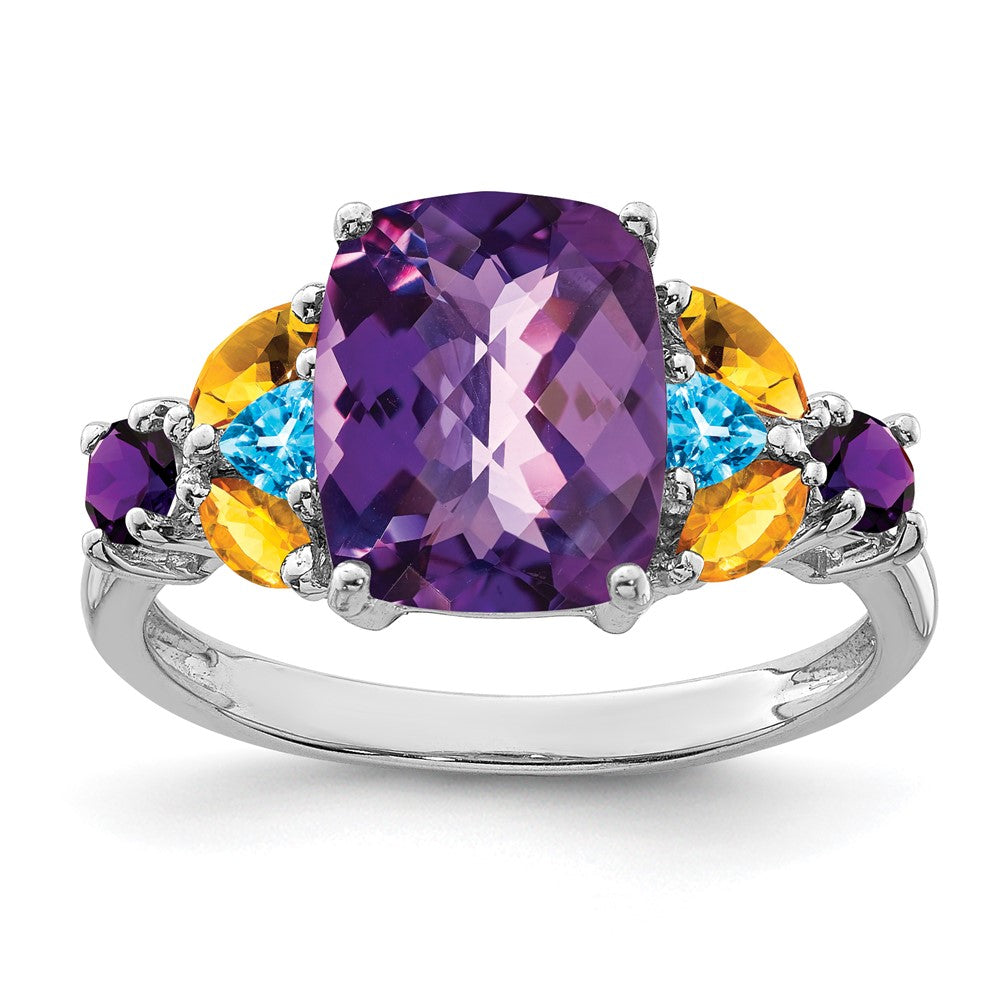 Sterlingsilber Rhodiniert Amethyst, Blautopas & Citrin Ring