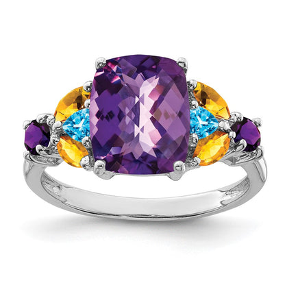 Sterlingsilber Rhodiniert Amethyst, Blautopas & Citrin Ring