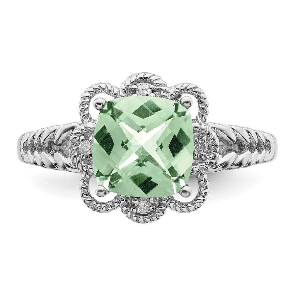 Sterlingsilber Rhodium Karo Schliff Grün Quarz & Diamant Ring
