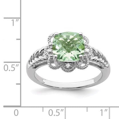 Sterlingsilber Rhodium Karo Schliff Grün Quarz & Diamant Ring