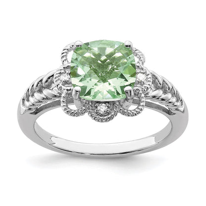 Sterlingsilber Rhodium Karo Schliff Grün Quarz & Diamant Ring