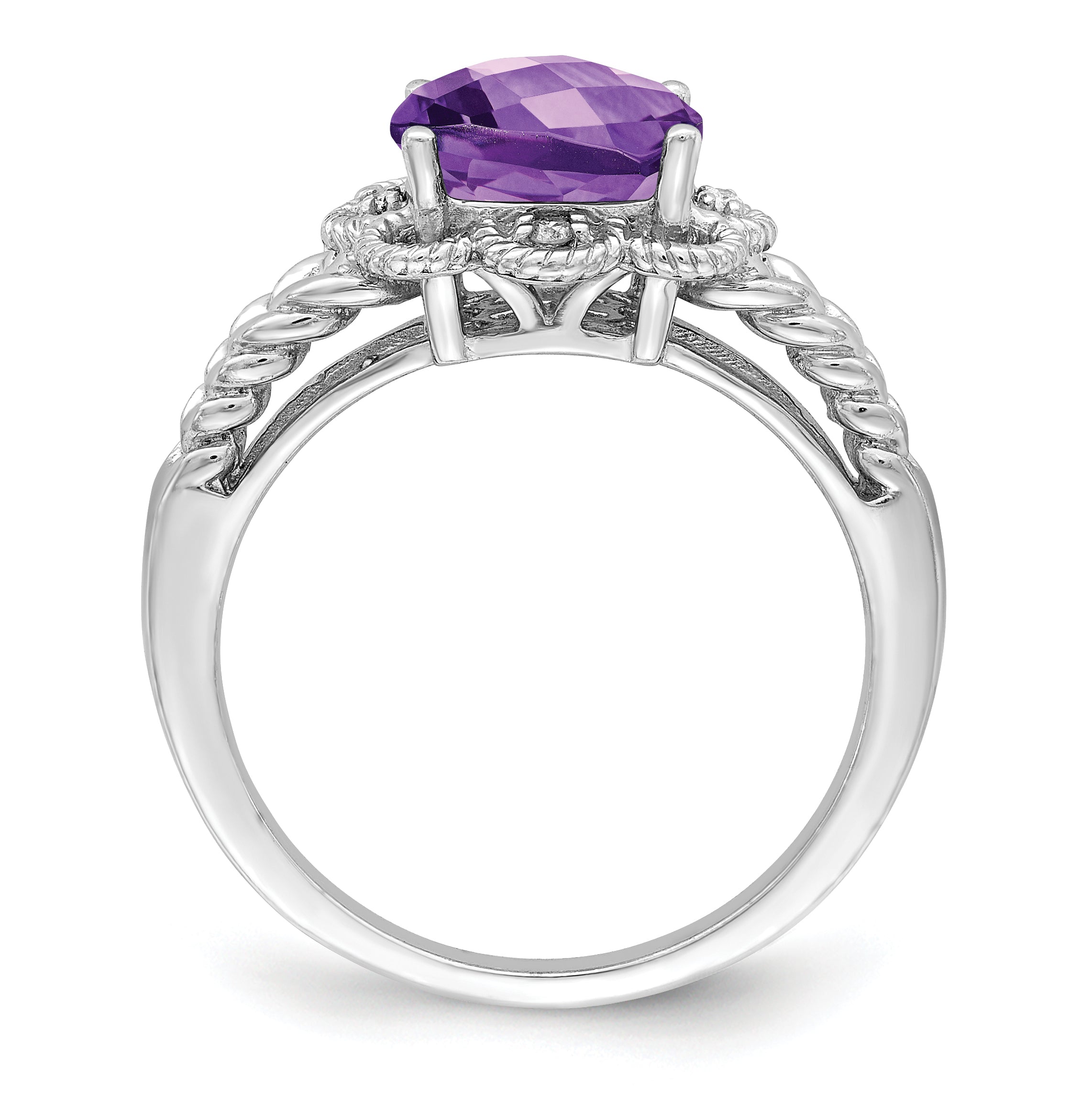 Sterlingsilber Rhodiniert Karo Schliff Amethyst & Diamant Ring