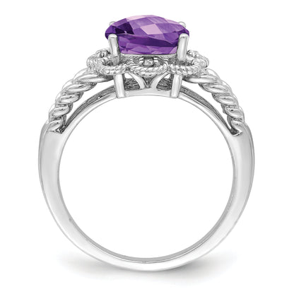 Sterlingsilber Rhodiniert Karo Schliff Amethyst & Diamant Ring