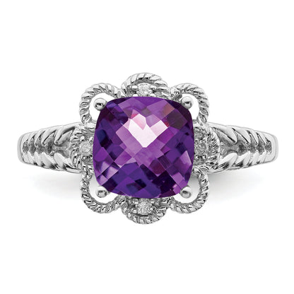 Sterlingsilber Rhodiniert Karo Schliff Amethyst & Diamant Ring