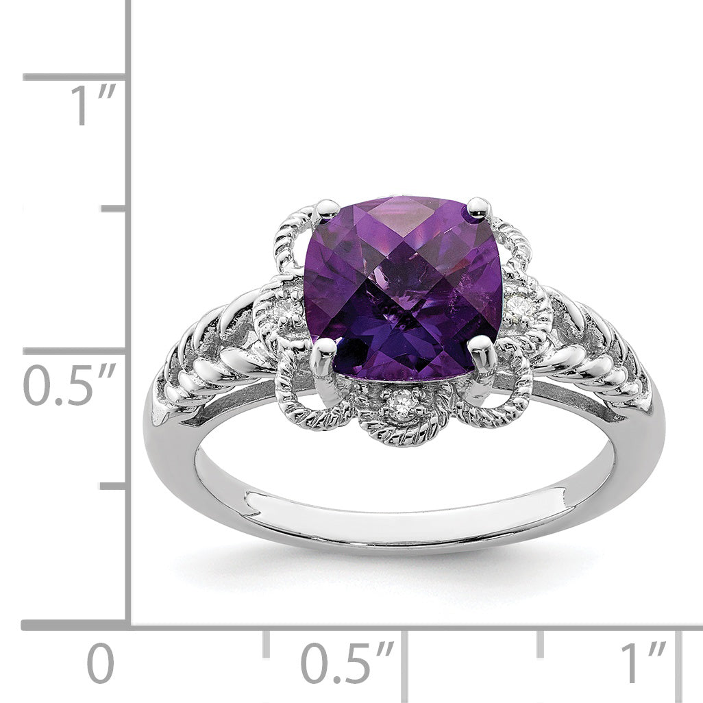 Sterlingsilber Rhodiniert Karo Schliff Amethyst & Diamant Ring