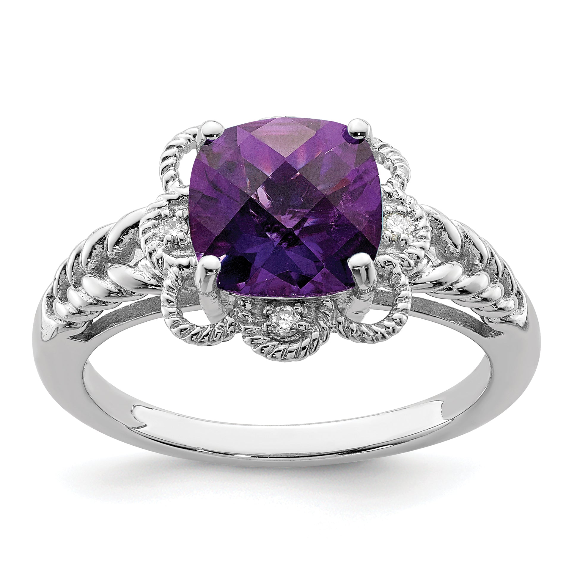 Sterlingsilber Rhodiniert Karo Schliff Amethyst & Diamant Ring