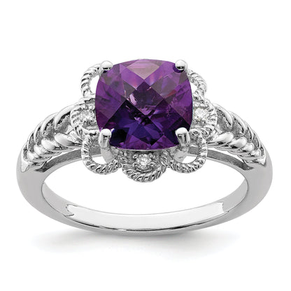 Sterlingsilber Rhodiniert Karo Schliff Amethyst & Diamant Ring