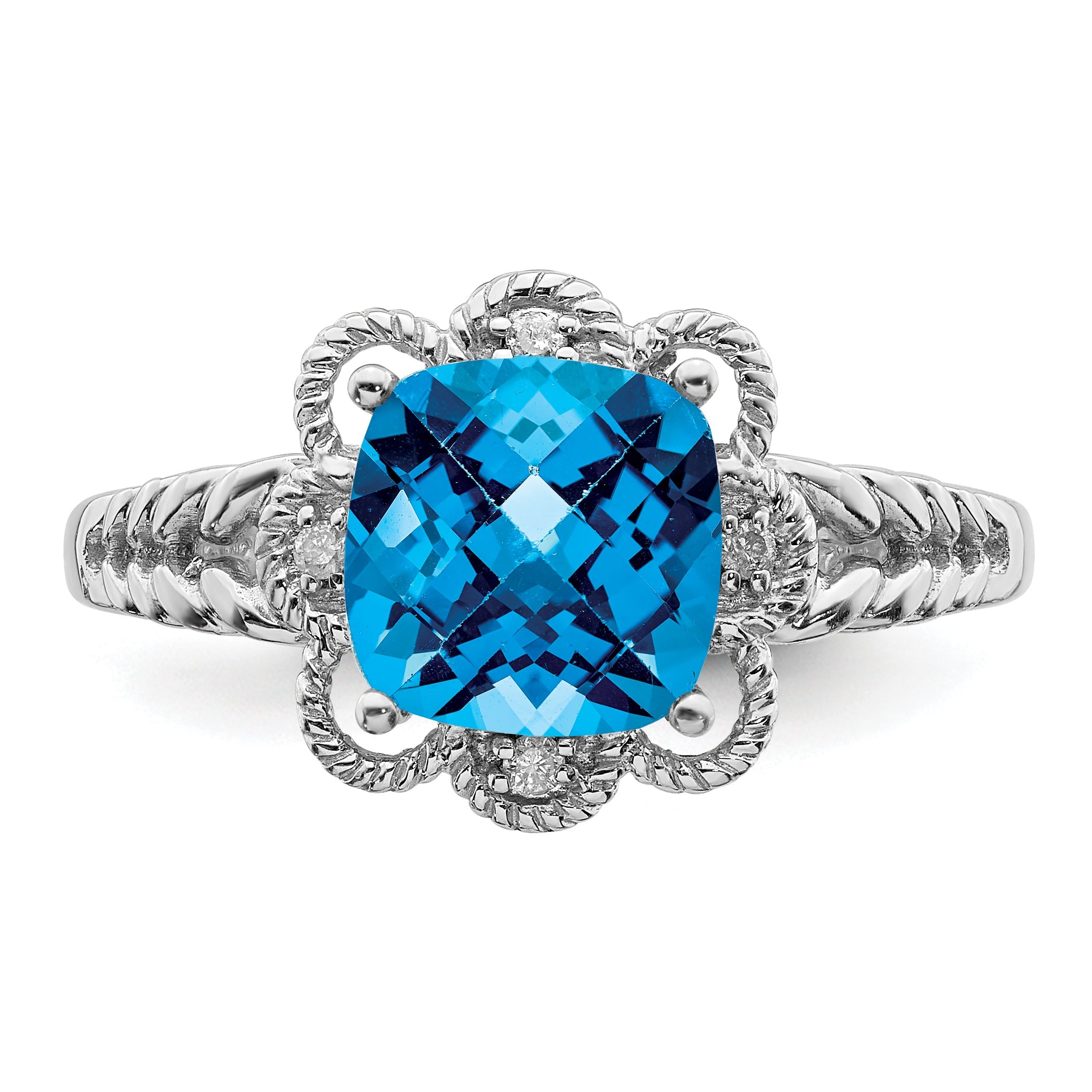 Sterlingsilber Rhodium Karo Schliff Blautopas & Diamant Ring
