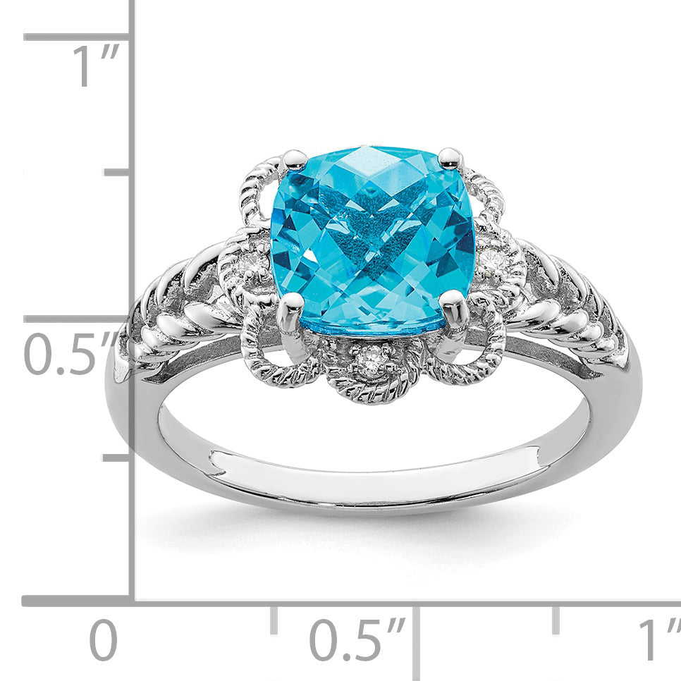 Sterlingsilber Rhodium Karo Schliff Blautopas & Diamant Ring