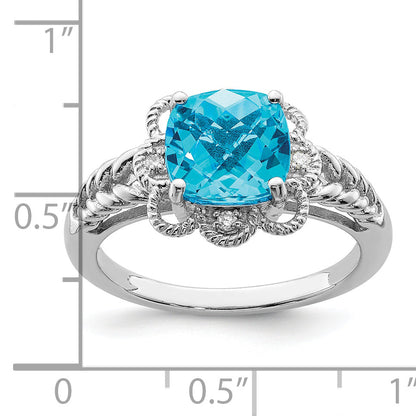 Sterlingsilber Rhodium Karo Schliff Blautopas & Diamant Ring
