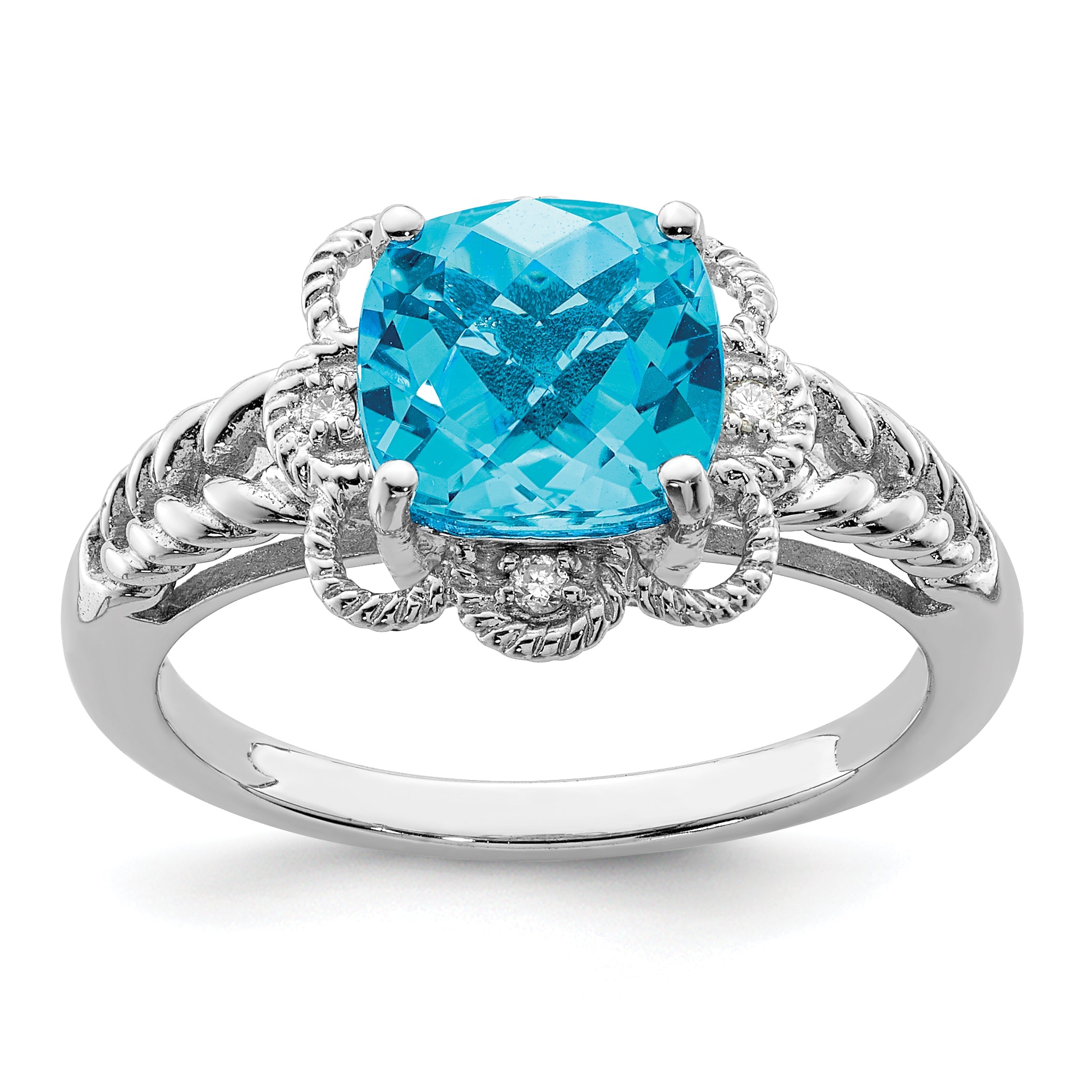 Sterlingsilber Rhodium Karo Schliff Blautopas & Diamant Ring