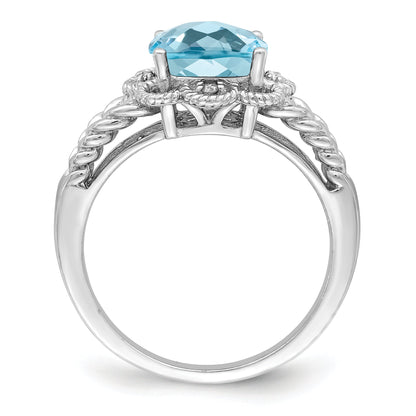 Sterlingsilber Rhodium Karo Schliff Himmel Blautopas & Diamant Ring