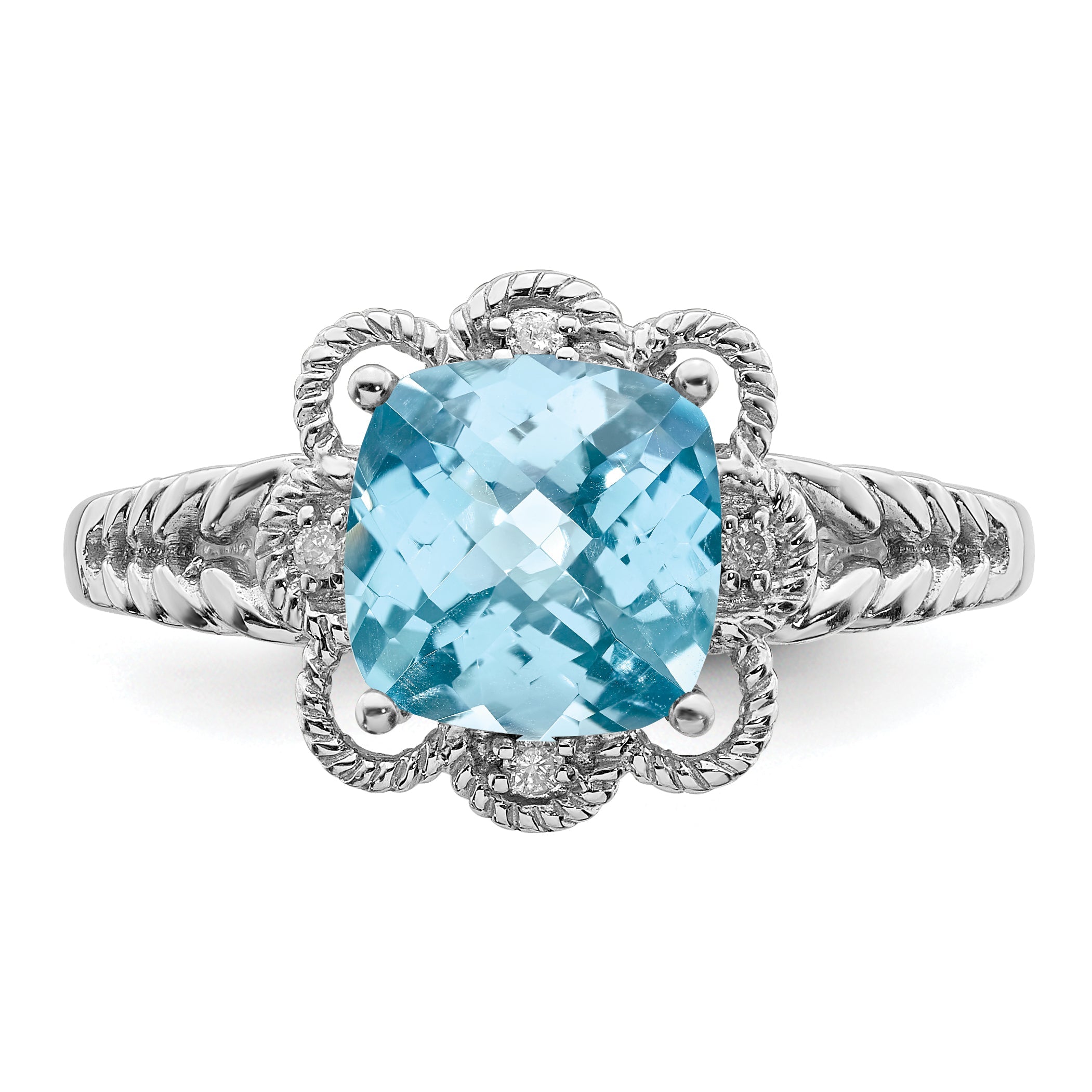 Sterlingsilber Rhodium Karo Schliff Himmel Blautopas & Diamant Ring