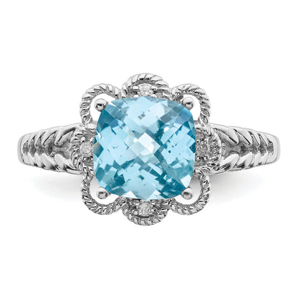 Sterlingsilber Rhodium Karo Schliff Himmel Blautopas & Diamant Ring