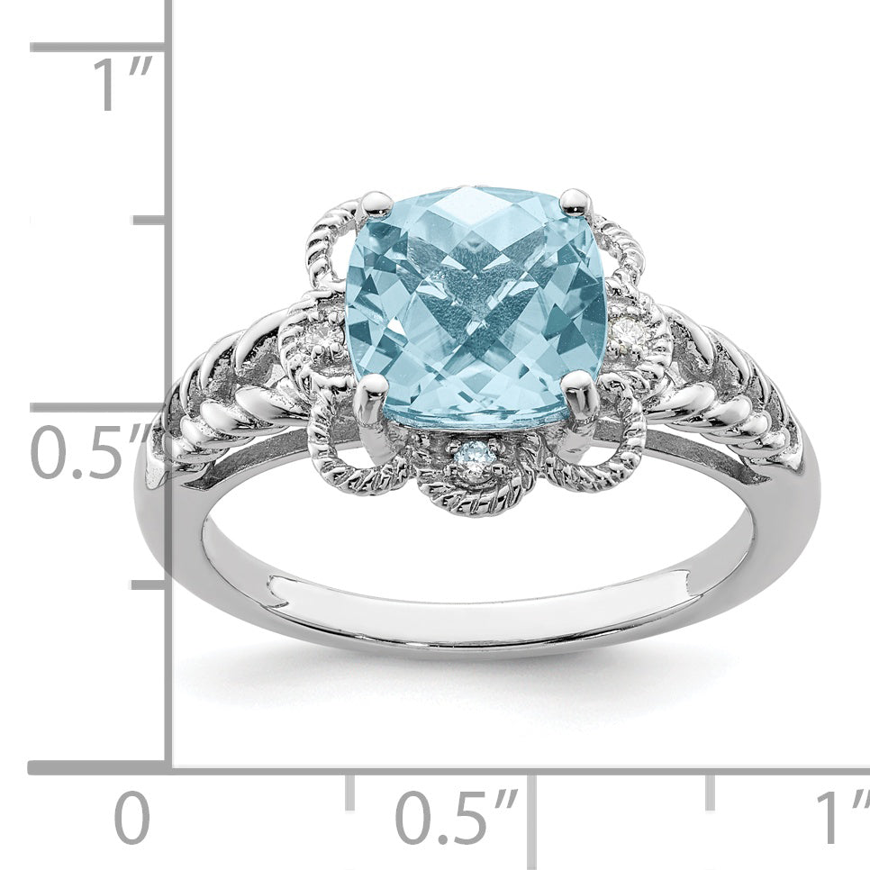 Sterlingsilber Rhodium Karo Schliff Himmel Blautopas & Diamant Ring