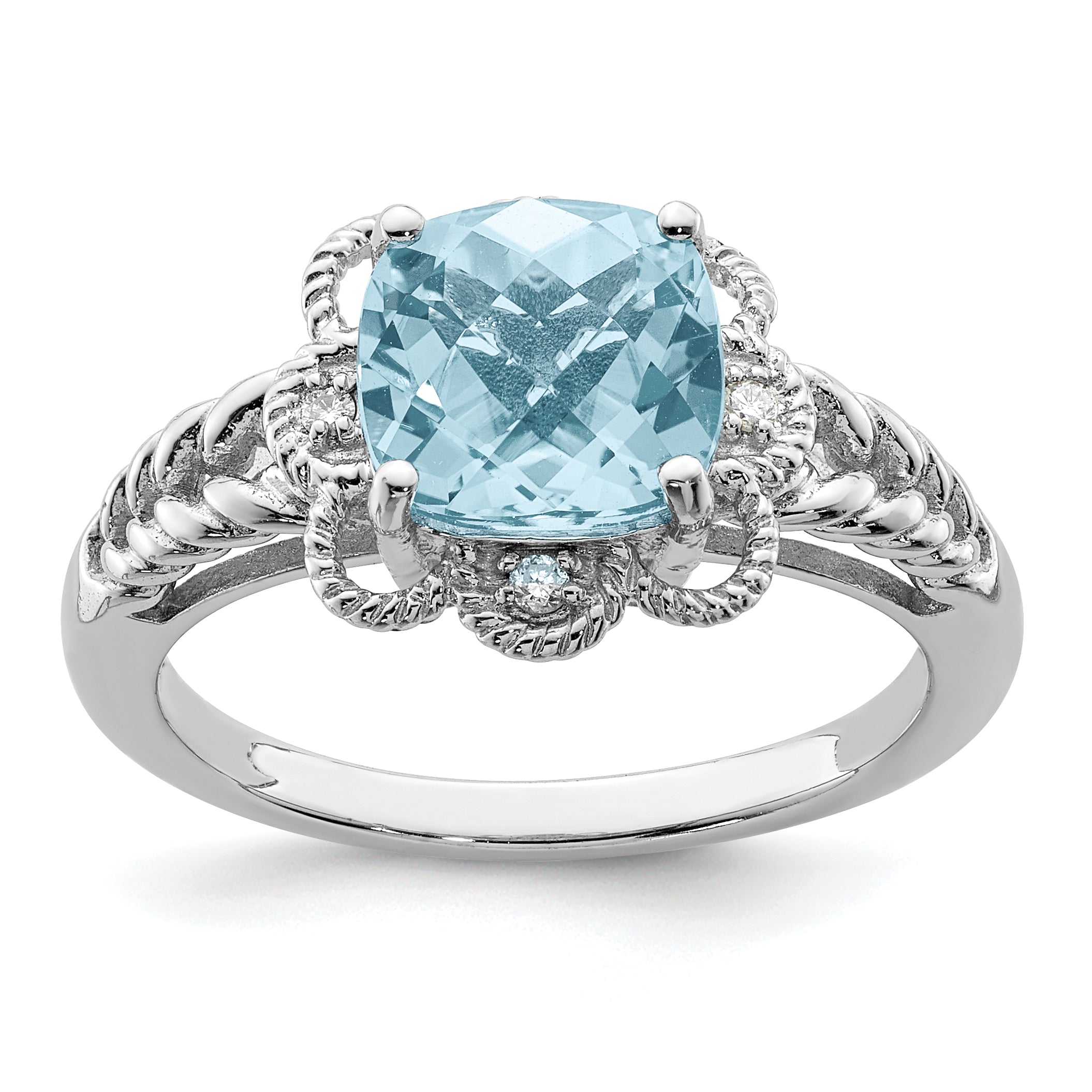 Sterlingsilber Rhodium Karo Schliff Himmel Blautopas & Diamant Ring