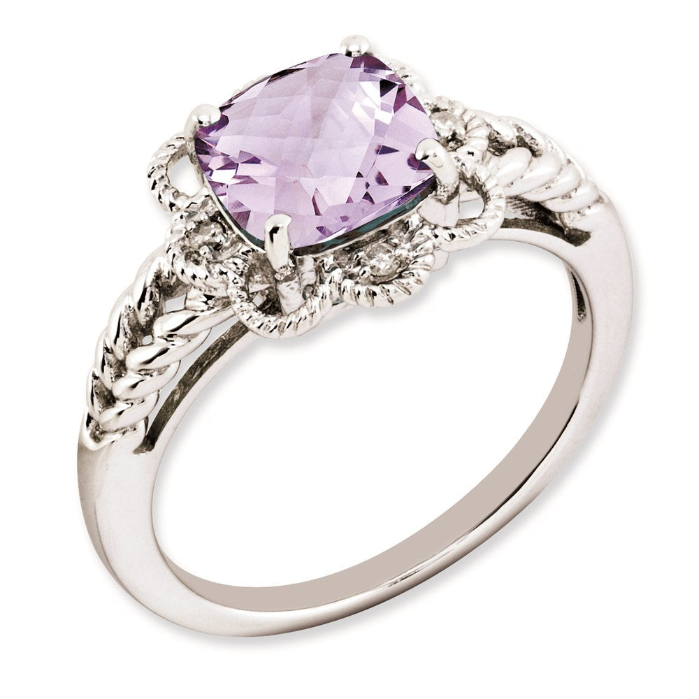 Sterlingsilber Rhodiniert Karo Schliff Rosa Quarz & Diamant Ring (size 7 Nur)