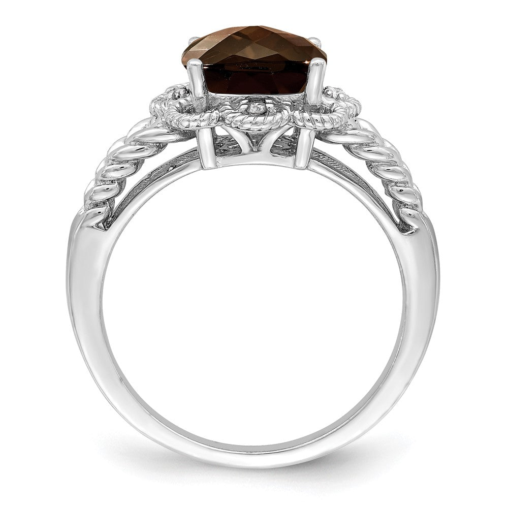 Sterlingsilber Rhodium Karo Schliff Rauch Quarz & Diamant Ring
