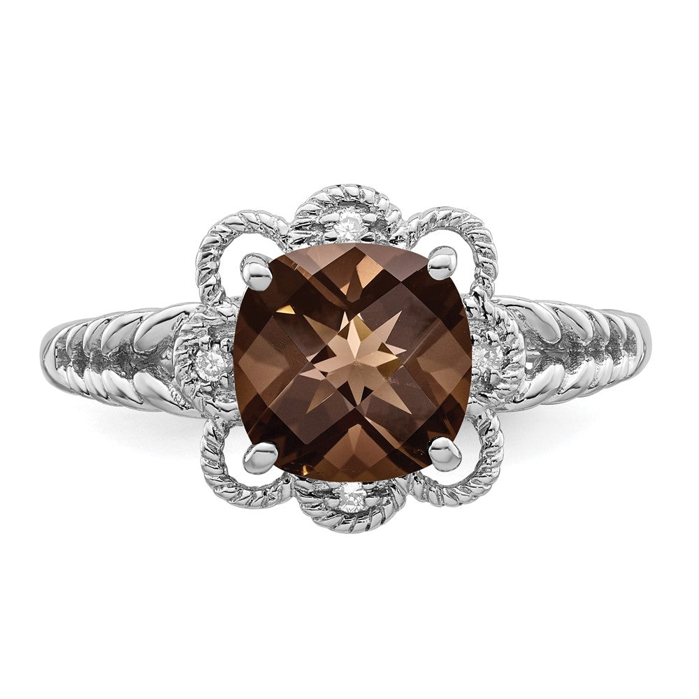 Sterlingsilber Rhodium Karo Schliff Rauch Quarz & Diamant Ring