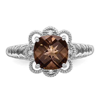 Sterlingsilber Rhodium Karo Schliff Rauch Quarz & Diamant Ring