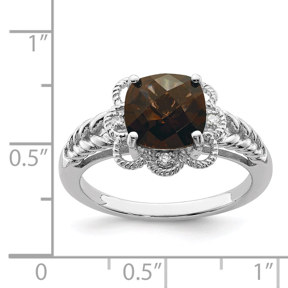 Sterlingsilber Rhodium Karo Schliff Rauch Quarz & Diamant Ring
