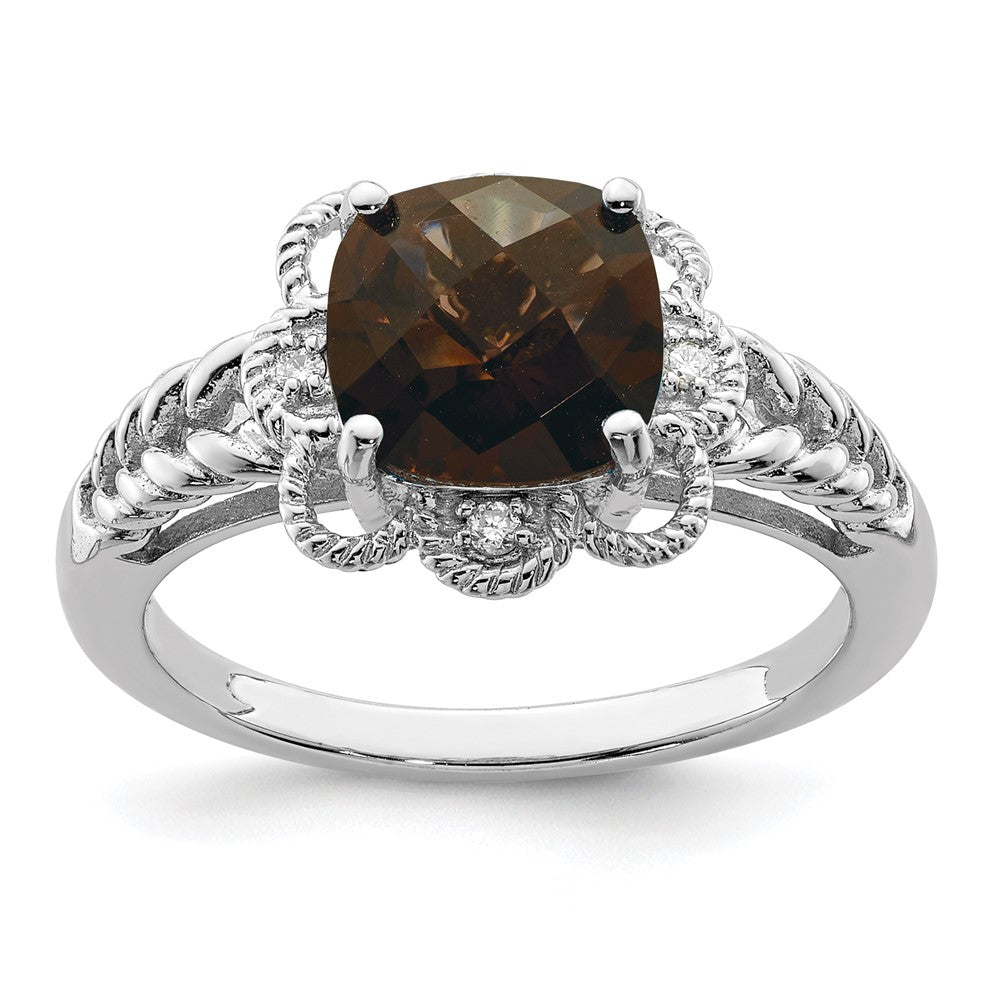 Sterlingsilber Rhodium Karo Schliff Rauch Quarz & Diamant Ring