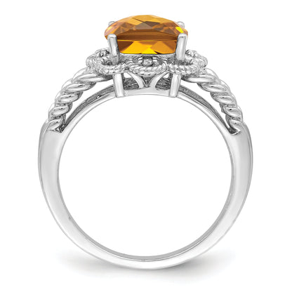 Sterlingsilber Rhodium Karo Schliff Whiskey Quarz & Diamant Ring