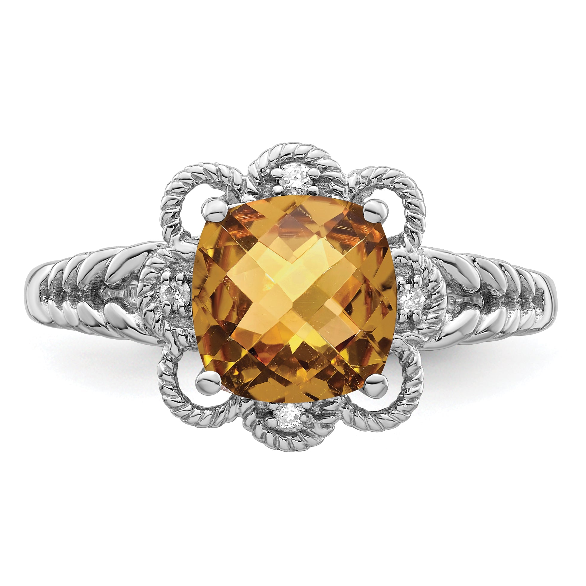 Sterlingsilber Rhodium Karo Schliff Whiskey Quarz & Diamant Ring