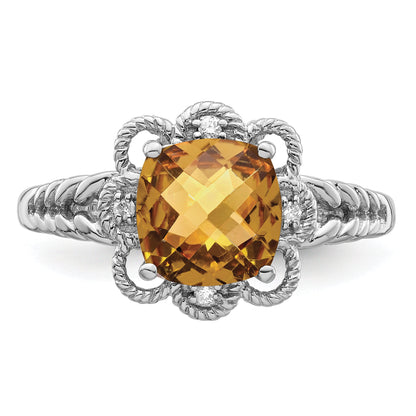 Sterlingsilber Rhodium Karo Schliff Whiskey Quarz & Diamant Ring