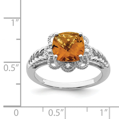 Sterlingsilber Rhodium Karo Schliff Whiskey Quarz & Diamant Ring