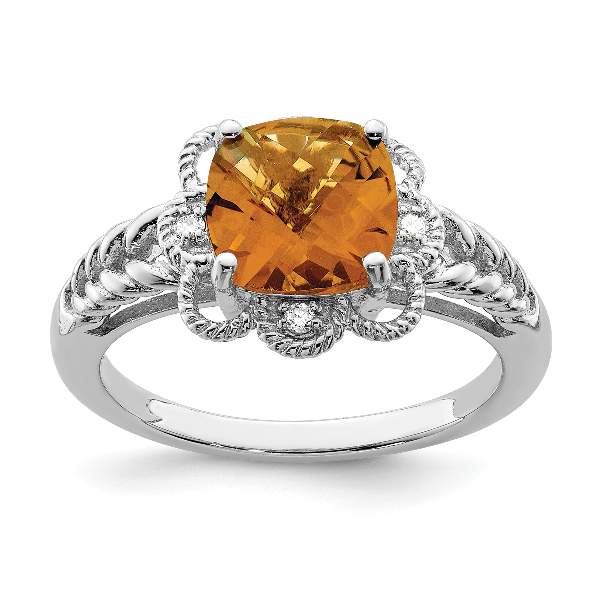 Sterlingsilber Rhodium Karo Schliff Whiskey Quarz & Diamant Ring