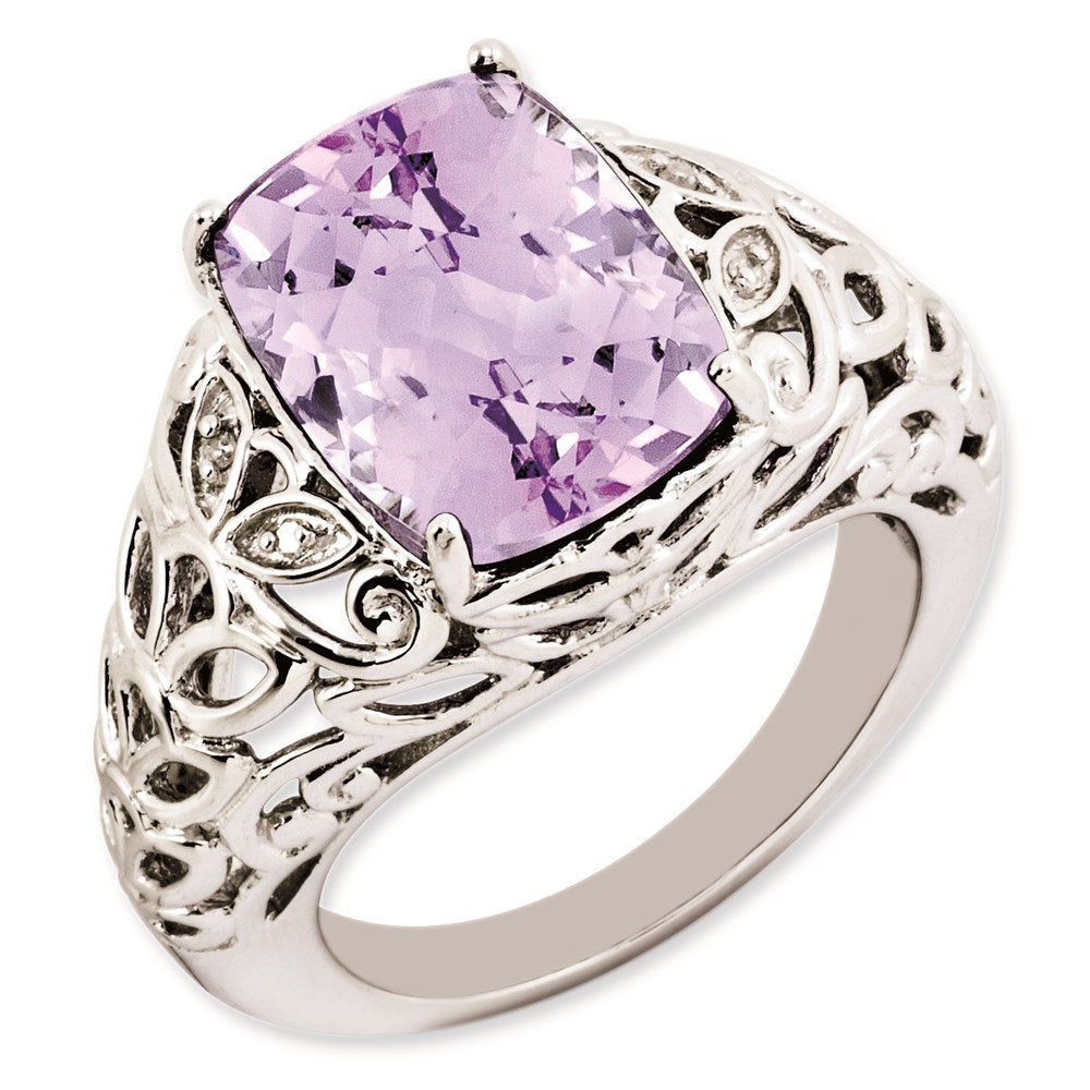 Sterlingsilber Rhodiniert Rosa Quarz & Diamant Ring (size 7 Nur)