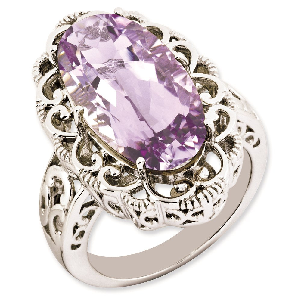 Sterlingsilber Rhodiniert Oval Rosa Quarz Ring (size 7 Nur)