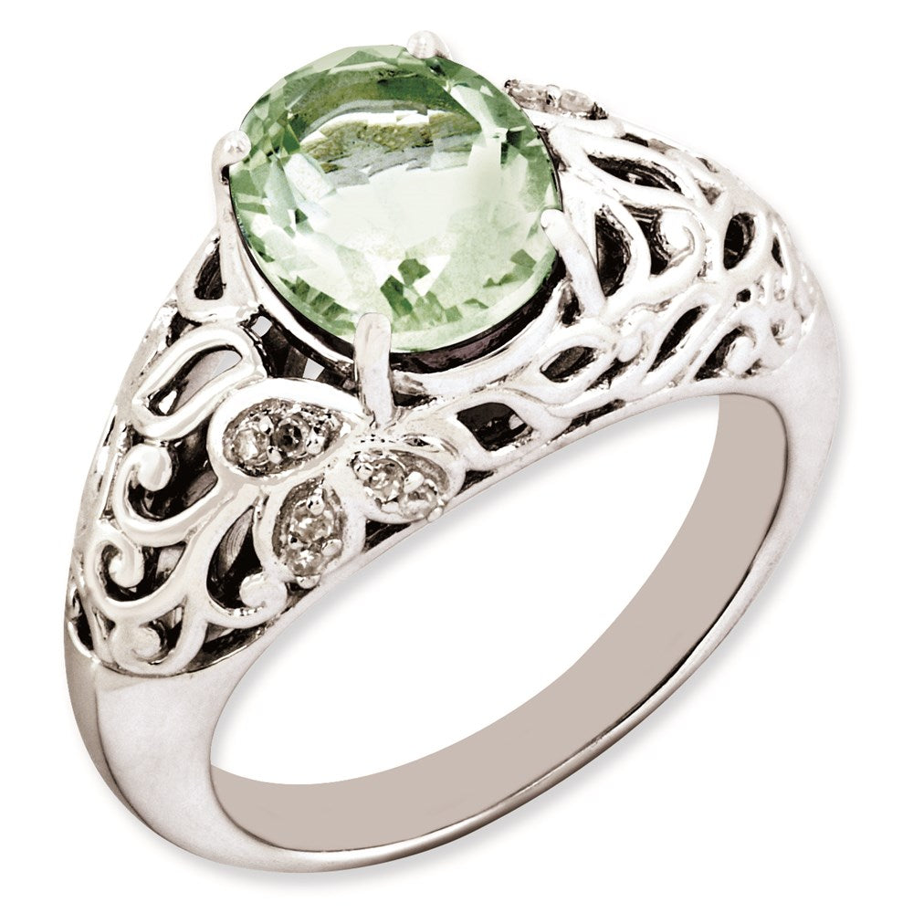 Sterlingsilber Rhodiniert Oval Grün Quarz & Diamant Ring (size 7 Nur)
