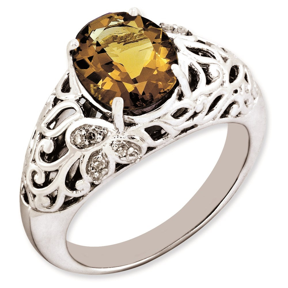 Sterlingsilber Rhodiniert Oval Whiskey Quarz & Diamant Ring (size 7 Nur)