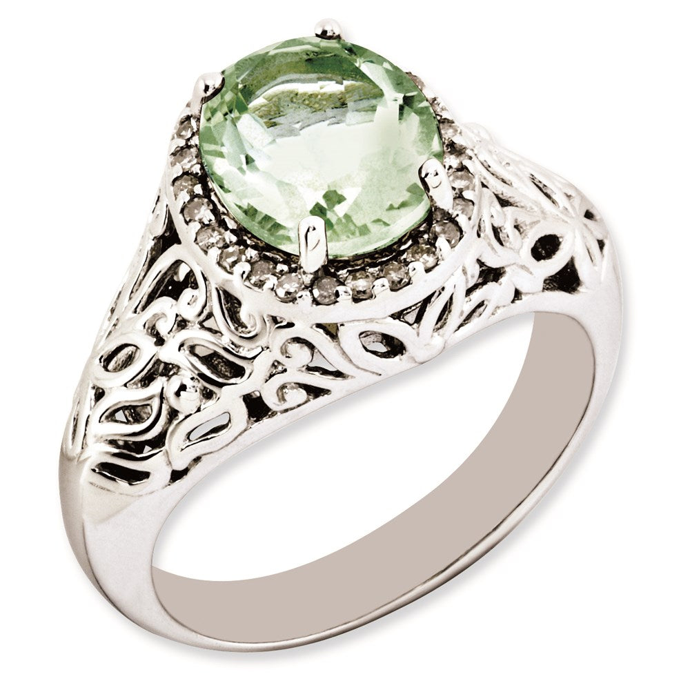 Sterlingsilber Rhodiniert Oval Grün Quarz & Diamant Ring (size 7 Nur)