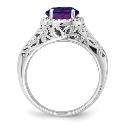 Sterlingsilber Rhodiniert Oval Amethyst & Diamant Ring (size 7 Nur)