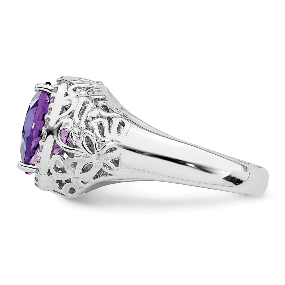 Sterlingsilber Rhodiniert Oval Amethyst & Diamant Ring (size 7 Nur)