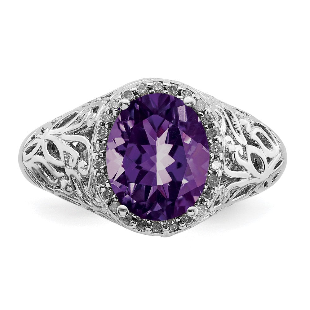 Sterlingsilber Rhodiniert Oval Amethyst & Diamant Ring (size 7 Nur)
