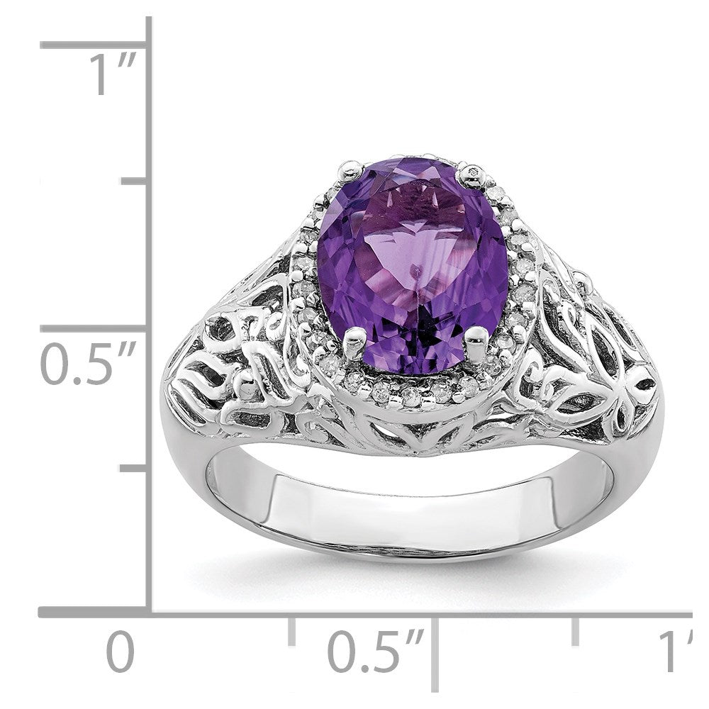 Sterlingsilber Rhodiniert Oval Amethyst & Diamant Ring (size 7 Nur)