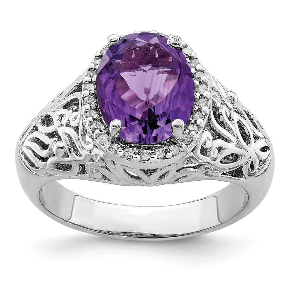 Sterlingsilber Rhodiniert Oval Amethyst & Diamant Ring (size 7 Nur)
