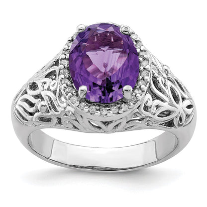 Sterlingsilber Rhodiniert Oval Amethyst & Diamant Ring (size 7 Nur)