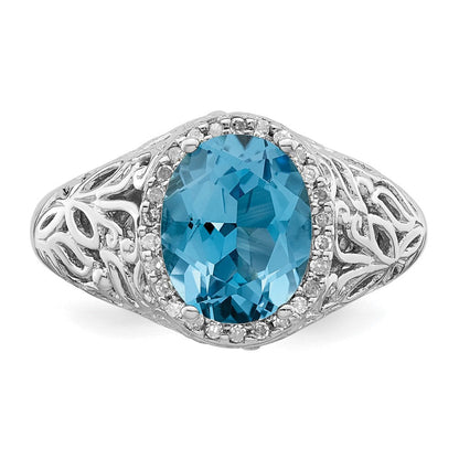 Sterlingsilber Rhodium Oval Schweizer Blautopas & Diamant Ring (size 7 Nur)