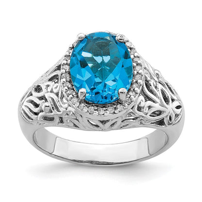 Sterlingsilber Rhodium Oval Schweizer Blautopas & Diamant Ring (size 7 Nur)