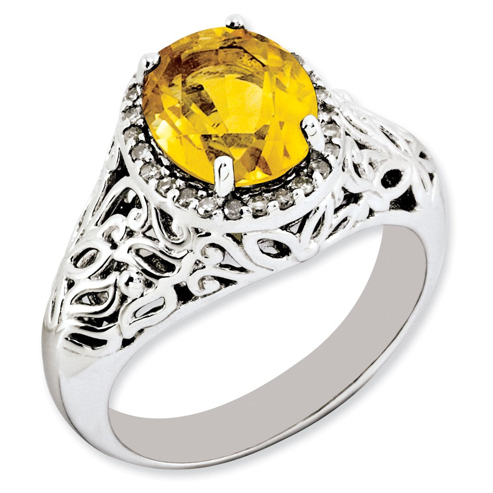 Sterlingsilber Rhodiniert Oval Citrin & Diamant Ring (size 7 Nur)